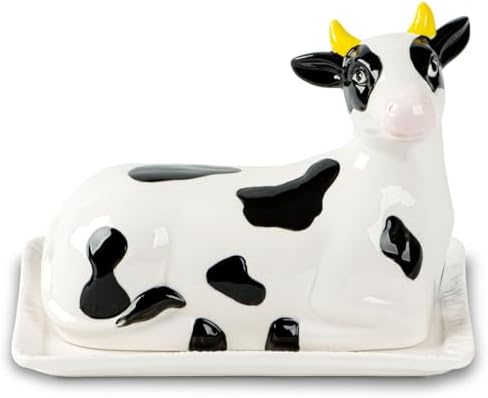 Ceramic Butter Dish with Lid Hand-Painted Cow Farmhouse Design