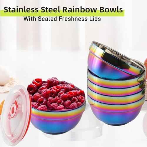 Rainbow Bowl Set of 6 with Lids, Stainless Steel Dinnerware Metal Double-walled Insulated Cereal Bowls for Eating Kitchen, Dishwasher Safe and Unbreakable