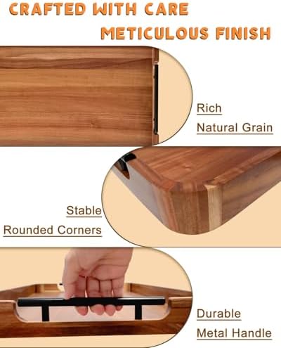 22" Acacia Wood Ottoman Serving Tray with Handles, Rounded Corners
