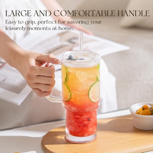 KEMORELA 24oz Ribbed Glass Tumbler with Handle and Lid,Iced Coffee