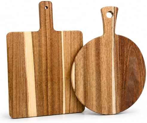 Acacia Wood Cutting Boards with Handle Set of 2, Charcuterie Boards for Cheese, Pizza, Bread, Steak & Appetizers, Round & Rectangle Decorative Serving Boards