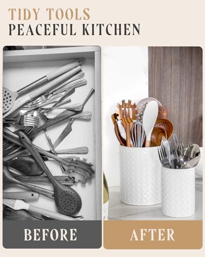 Nucookery Ceramic Utensil Holder for Kitchen Counter Organizer, Set of 2