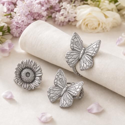 Arthur Court Napkin Ring Set - Butterfly and Flower Design - Artisan