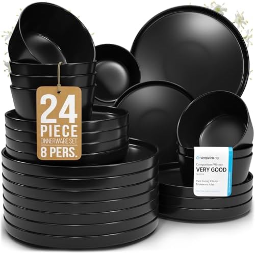 24 Piece Black Dinnerware Set for 8, Stoneware Black Plates and Bowls Set