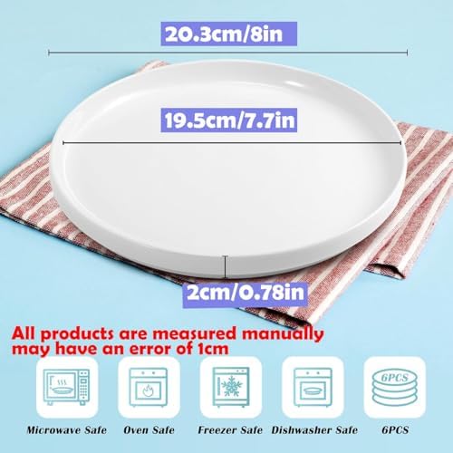 Set of 6 Porcelain Dinner Plates. 8 Inch, Round, White