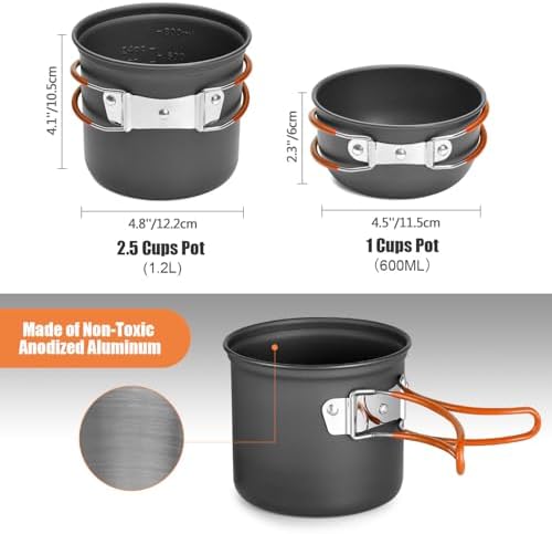 Odoland 8pcs Camping Cookware Mess Kit, Camping Pot and Pan Set with