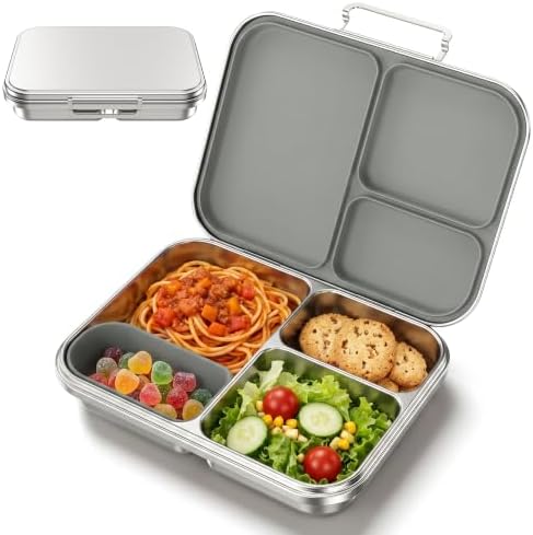 Pawtong Stainless Steel Bento Box, 3 Compartments (Grey)