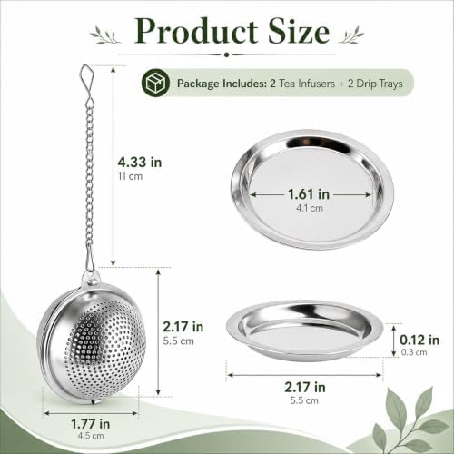 2Pcs 304 Stainless Steel Mesh Tea Ball, 2.1 In Tea Strainer with Drip