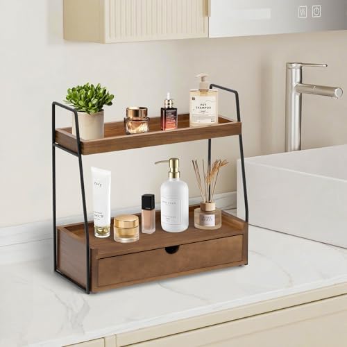 2-Tier Bathroom Countertop Organizer with Drawer, Brown