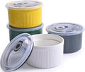 14 oz Ceramic Ramekins with Lids, Set of 4 Oven Safe Porcelain Creme