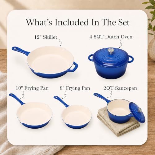 5-Piece Enameled Cast Iron Cookware Set, Dutch Oven, Saucepan & 3 Skillets