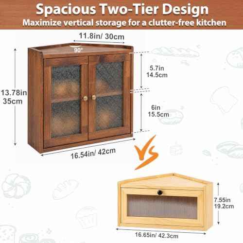 Sunhoo Corner Bread Box for Kitchen Countertop, Wooden 2-Tier Bin, Brown