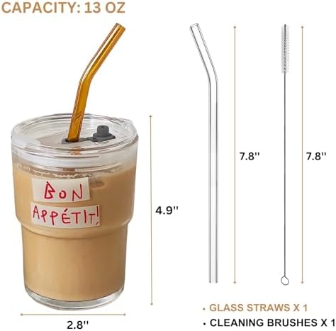 Olvini 13oz Glass Tumbler with Straw and Lid, Reusable Iced Coffee Cup