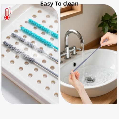 Silicone Straw Cleaner Brush, 4pcs Straw Brush Cleaner Set Blue Gray