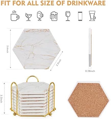 Coasters Set of 8, White and Gold Absorbent Marble Coaster