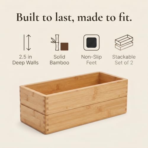Bamboo Drawer Organizer Boxes - Non-Slip Utensil & Storage Tray
