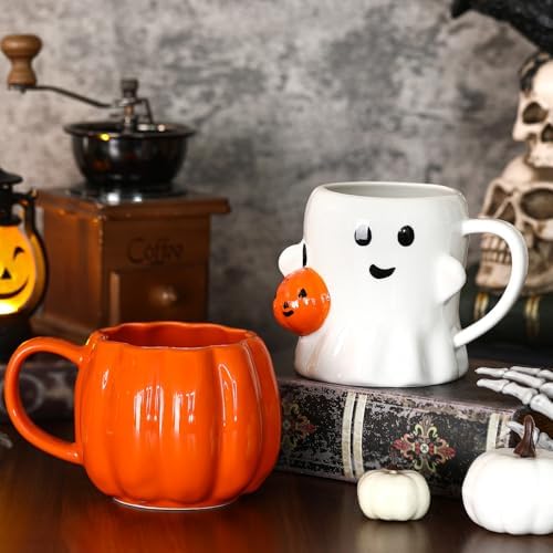 LemonRoad 2 Pcs 14 oz Halloween Ceramic Mugs, 3D Ghost Pumpkin