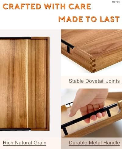 22" x 15.75" Wooden Serving Tray with Handles, Acacia Ottoman Tray