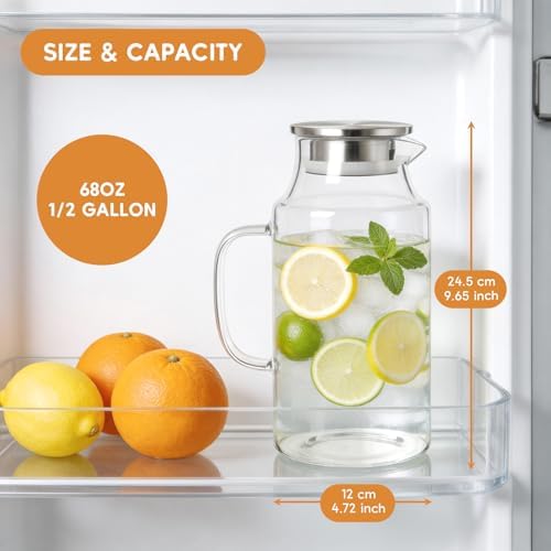 Short 2 Liter Glass Pitcher with Lid and Handle, 68 oz Borosilicate
