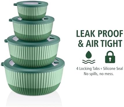 Plastic Mixing Bowls with Lids, 8-Piece Airtight Leak-Proof Nesting