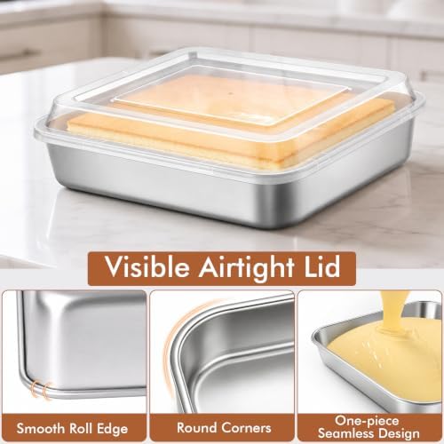 4 Pieces 8 x 8 Baking Pan with Lid, Stainless Steel Square Cake Pan