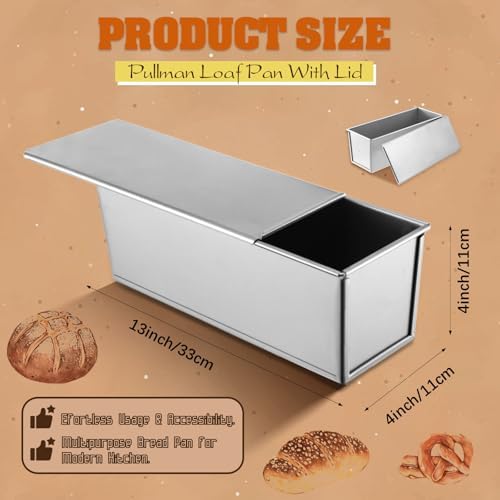 2 Pack Stainless Steel Pullman Loaf Pan with Lid, 13x4 Inch Large