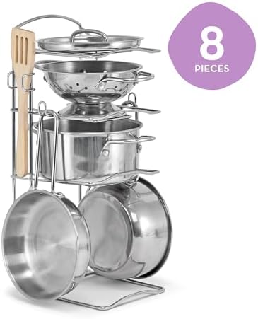 Melissa & Doug Stainless Steel Pots & Pans, 8 Piece Play Kitchen Set