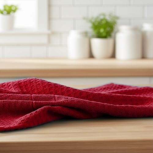 DecorRack Waffle Weave Kitchen Towels 16x27 in, Red (4 Pack)