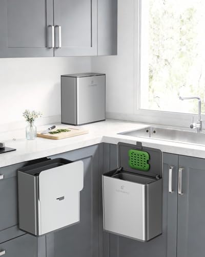 Kitchen Compost Bin, 10L/2.6G Stainless Steel Hanging Bin, Silver