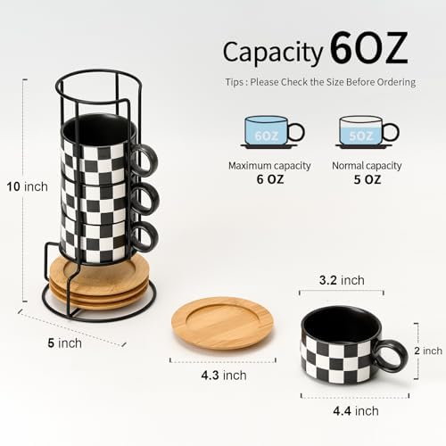 LUKA 6 Ounce Ceramic Stackable Black and White Checkered Espresso Cups