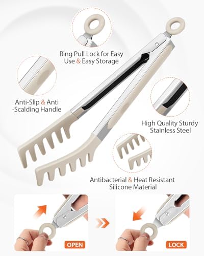 Silicone Spaghetti Spoon and Pasta Tong Set, Khaki