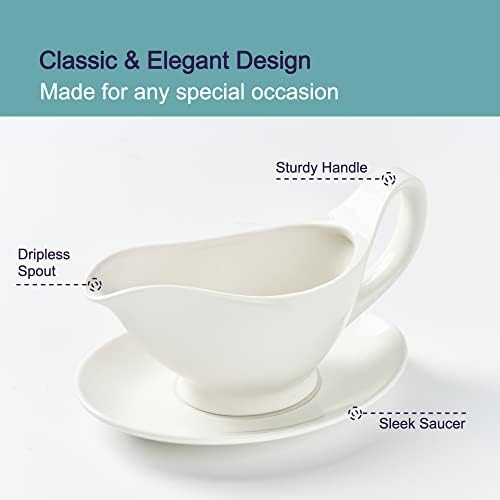Gravy Boat with Saucer - 16oz Fine Porcelain Sauce & Salad Dressing