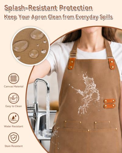 Teskyer Canvas Kitchen Apron with 4 Pockets, Brown