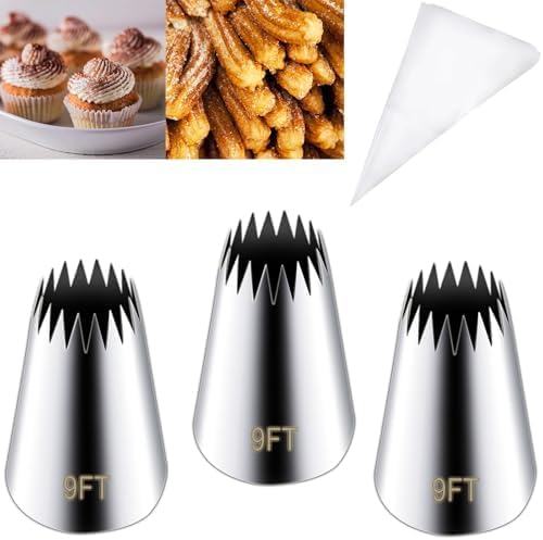 Hendiy 3 Pieces Stainless Steel 9FT Large Churro Piping Tip Set