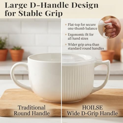 Ceramic Soup Bowl with Handle & Lid, Large 32oz Microwave Ramen Bowl