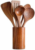 6 Piece Natural Teak Wooden Kitchen Utensil Set with Spoon Rest