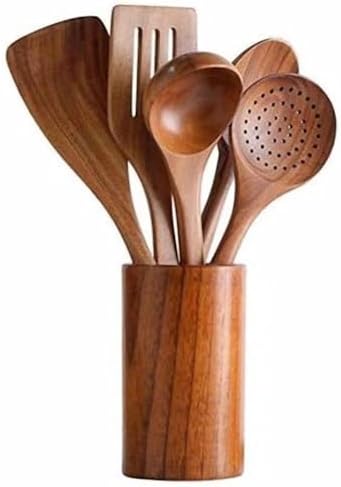 6 Piece Natural Teak Wooden Kitchen Utensil Set with Spoon Rest
