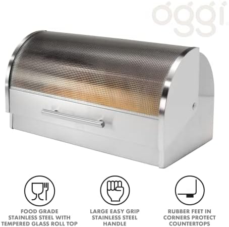 Oggi Stainless Steel Roll Top Bread Box for Kitchen Countertop with Tempered Glass Lid - Fits Multiple Large Loaves of Bread and Other Freshly Baked Goods Including Cookies, Bagels, Muffins
