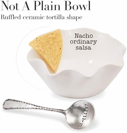 Mud Pie Salsa Ceramic Dip Cup Set, Nacho, White & Silver
