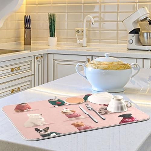 OTVEE Whimsical Pet Decor Dish Drying Mat for Kitchen Counter