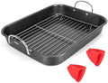 Nonstick Roasting Pan with Rack, 14.5x11.4’’ Baking Pan for Oven with Rack & Silicon Hand Clip, Heavy Duty Dishwasher Safe Rectangular Lasagna Pan with Handle for Turkey Chicken, Dark Grey
