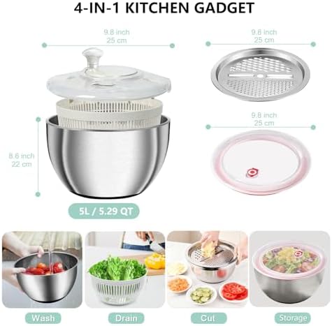 Large Salad Spinner with Storage Lid, 5.29QT Stainless Steel