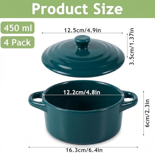 4 Pack Mini Cocotte Set, 16 oz Small Durable Soup Pot, Dark Green