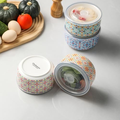 Ceramic Bowls Set with Lid, Microwave Safe, Set of 4