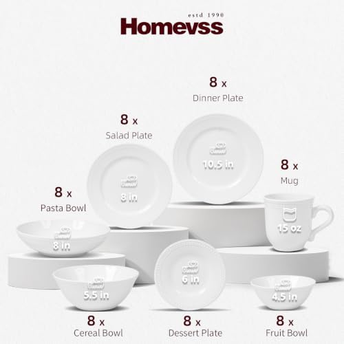 HomeVSS 56-Piece Pearl Dots Stoneware Dinnerware Set, White, Service for 8