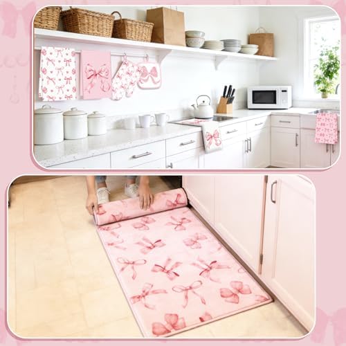 JarThenaAMCS 10Pcs Pink Bow Kitchen Dish Towels Rugs Oven Mitts and