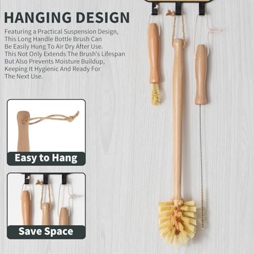 DEBETOOL 3-in-1 Natural Bottle Brush Set, 13.7 Inch Wooden Long Handle