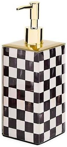 MACKENZIE-CHILDS Glass Soap Pump, Black-and-White Courtly Check