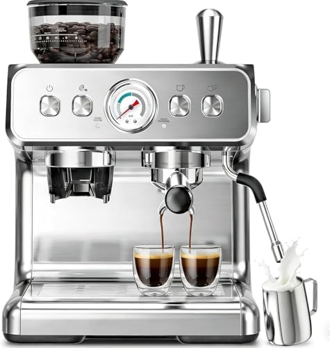 Kismile Espresso Machine with Grinder, 20 Bar, Stainless Steel