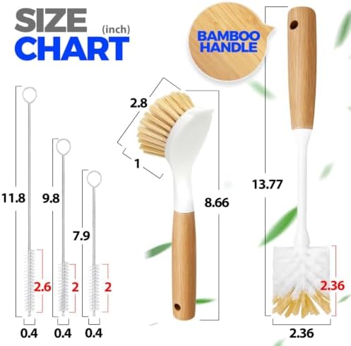 Holikme 5 Pack Bamboo Dish Brush with Handle 14" Bottle Brush Straw